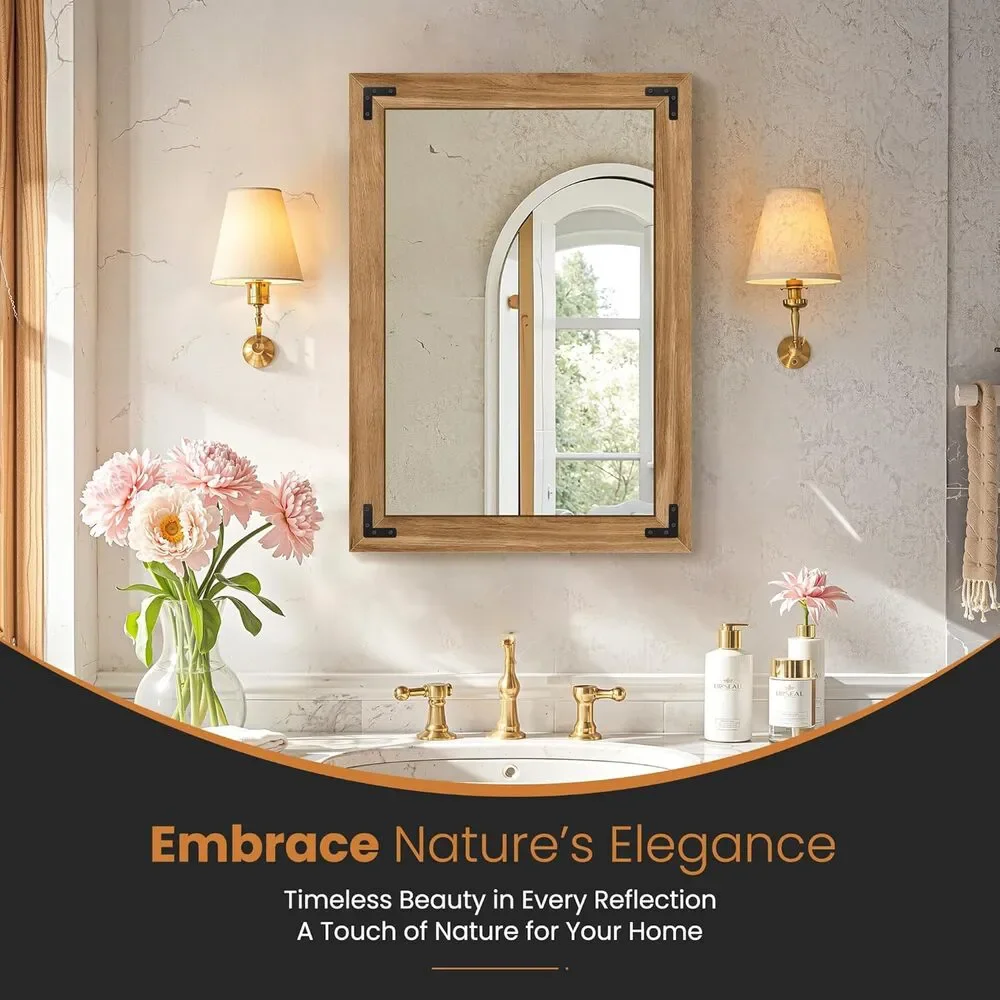 Rustic Light Brown Wood Framed Rectangle Accent Mirror Wall Mounted for Entryway